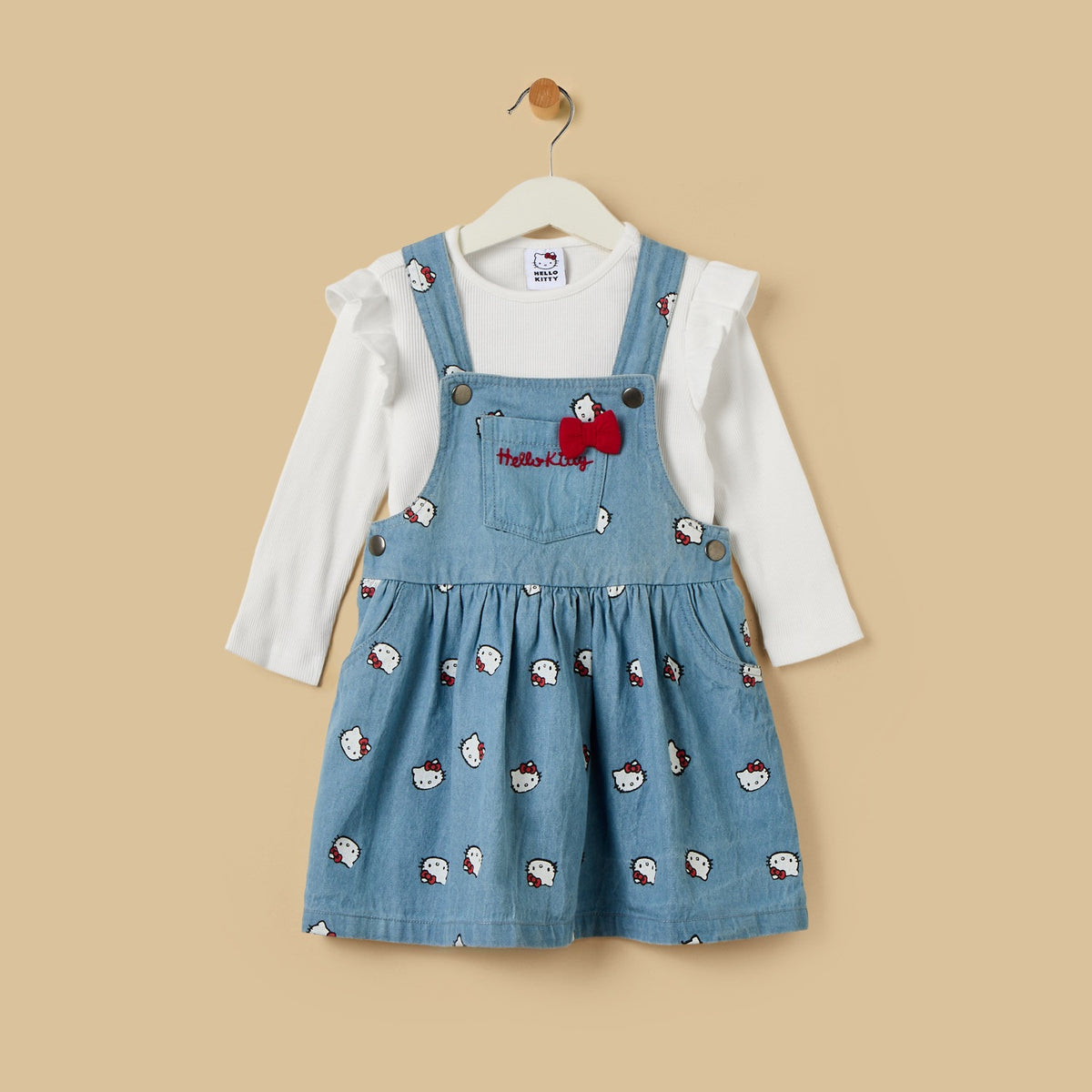 Hello Kitty Print Denim Pinafore with Ribbed Top