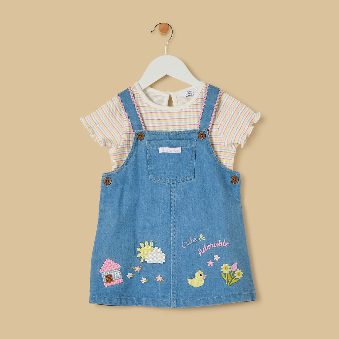 Embroidered Pinafore Dress and Striped T-shirt Set