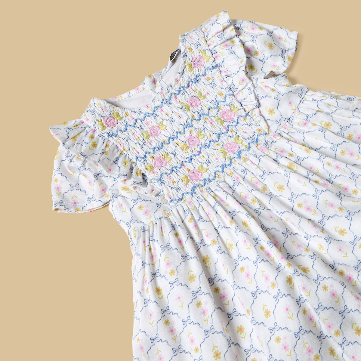 Floral Print Smocked Dress with Cap