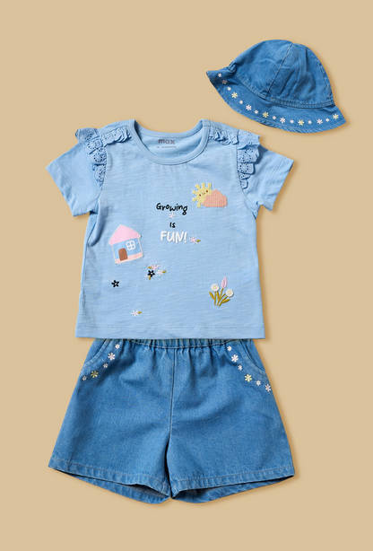 Applique Detail T-shirt with Shorts and Cap Set-undefined-image-1
