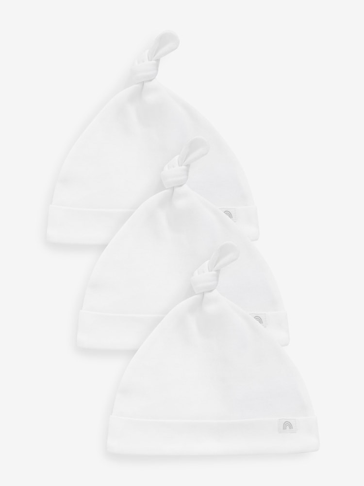 White 100% Cotton Tie Top Baby Hats 3 Pack (0-12mths) - Size 44cm (5lb) - White