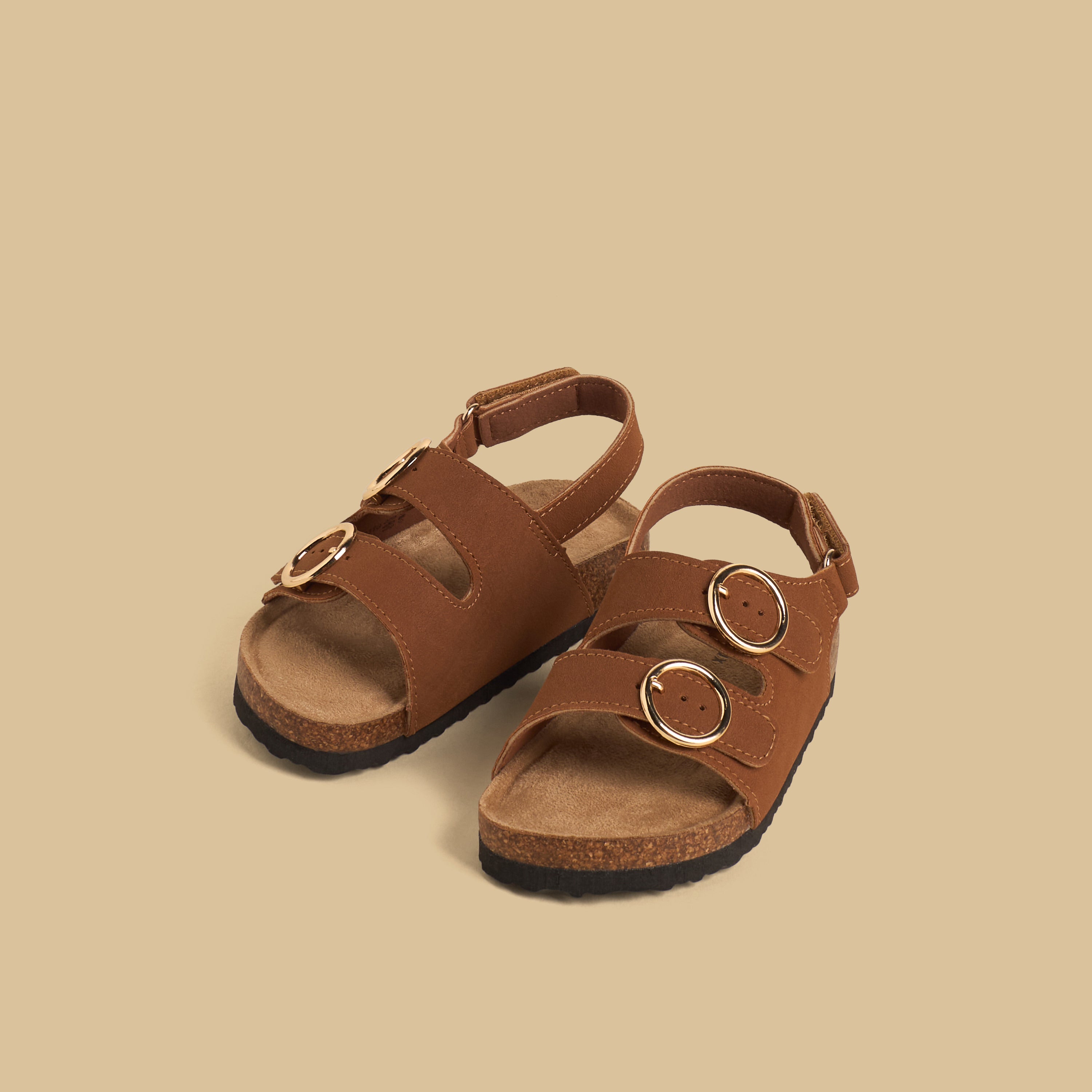 Buckle Accent Sandals with Hook and Loop Closure - Brown / 20