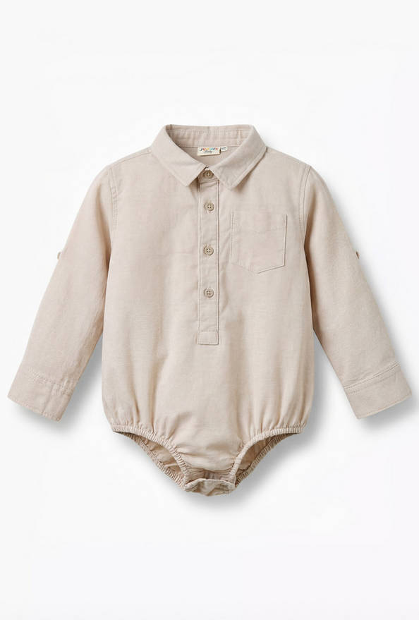 Solid Long Sleeves Shirt Style Bodysuit with Button Closure and Roll-Up Tab