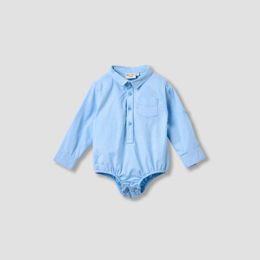 Solid Long Sleeves Shirt Style Bodysuit with Button Closure and Roll-Up Tab - Blue / 24-36 mths