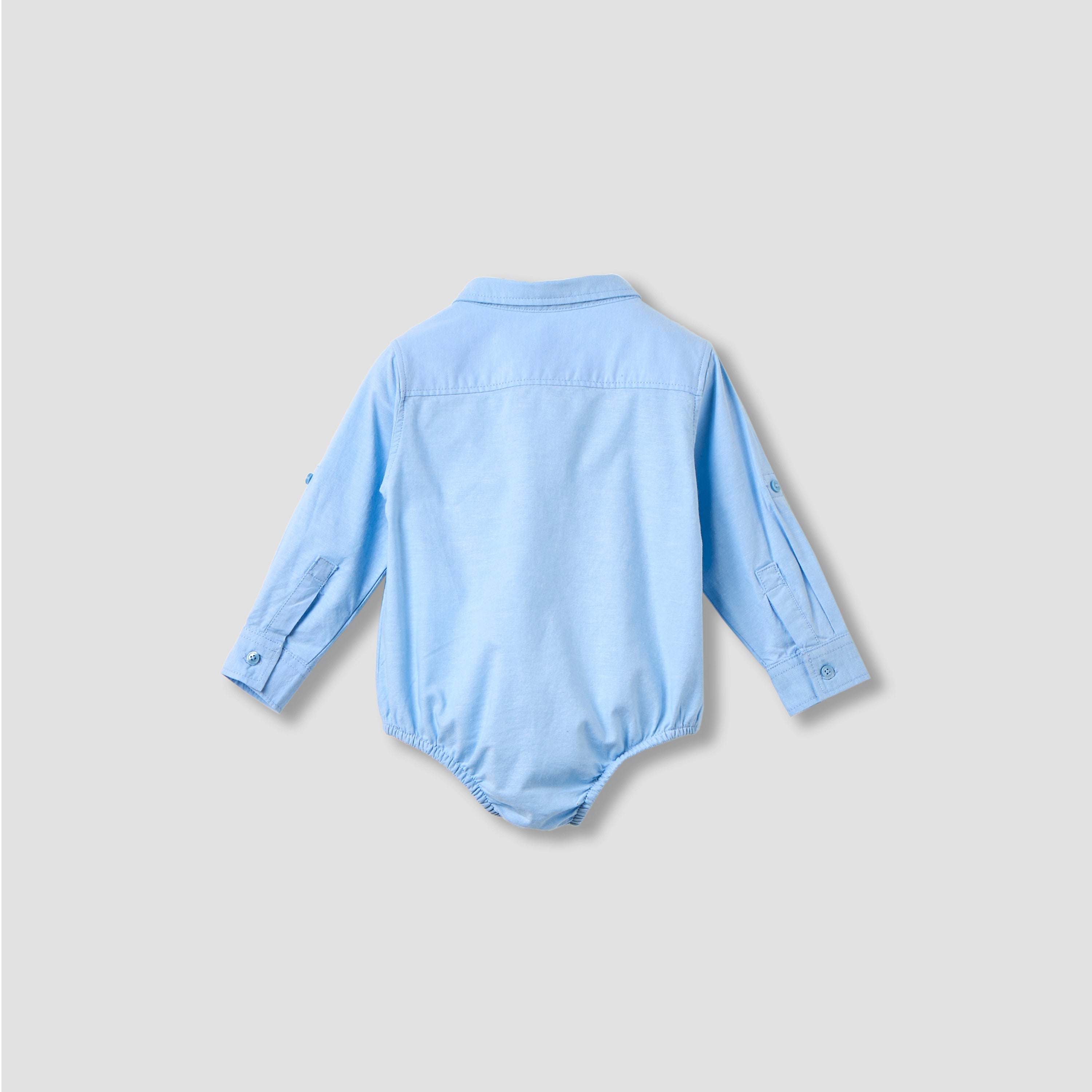 Solid Long Sleeves Shirt Style Bodysuit with Button Closure and Roll-Up Tab