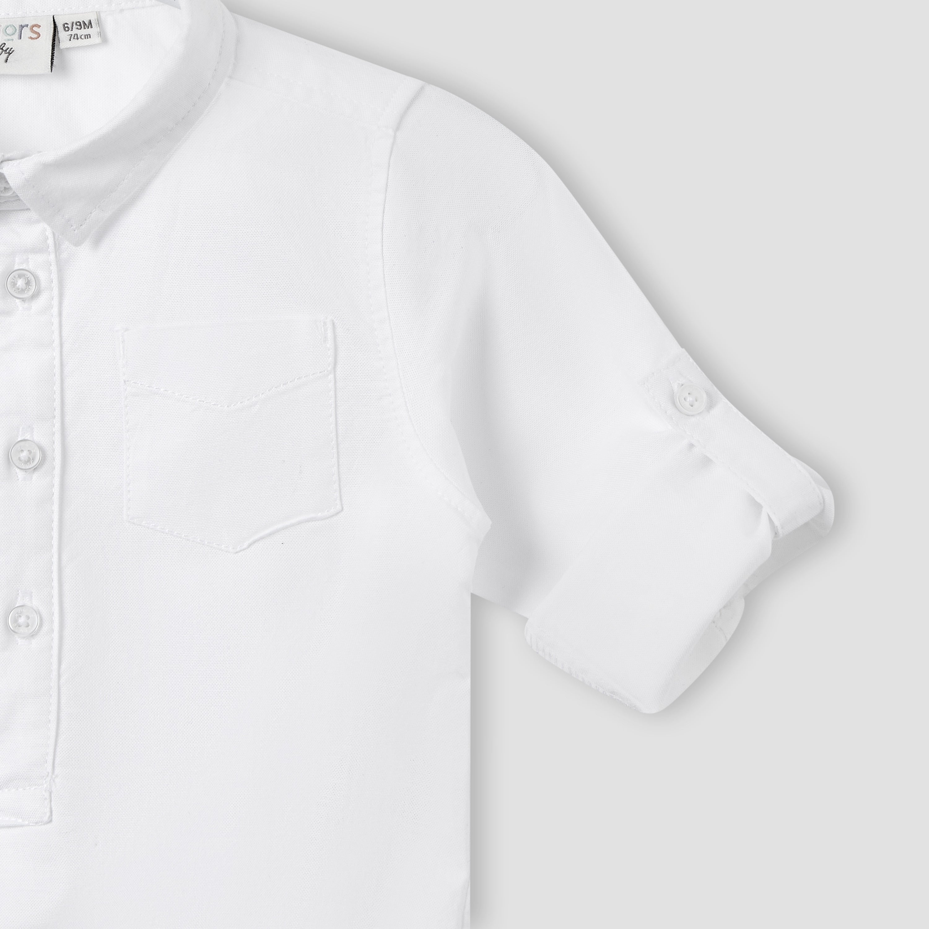Solid Long Sleeves Shirt Style Bodysuit with Button Closure and Roll-Up Tab