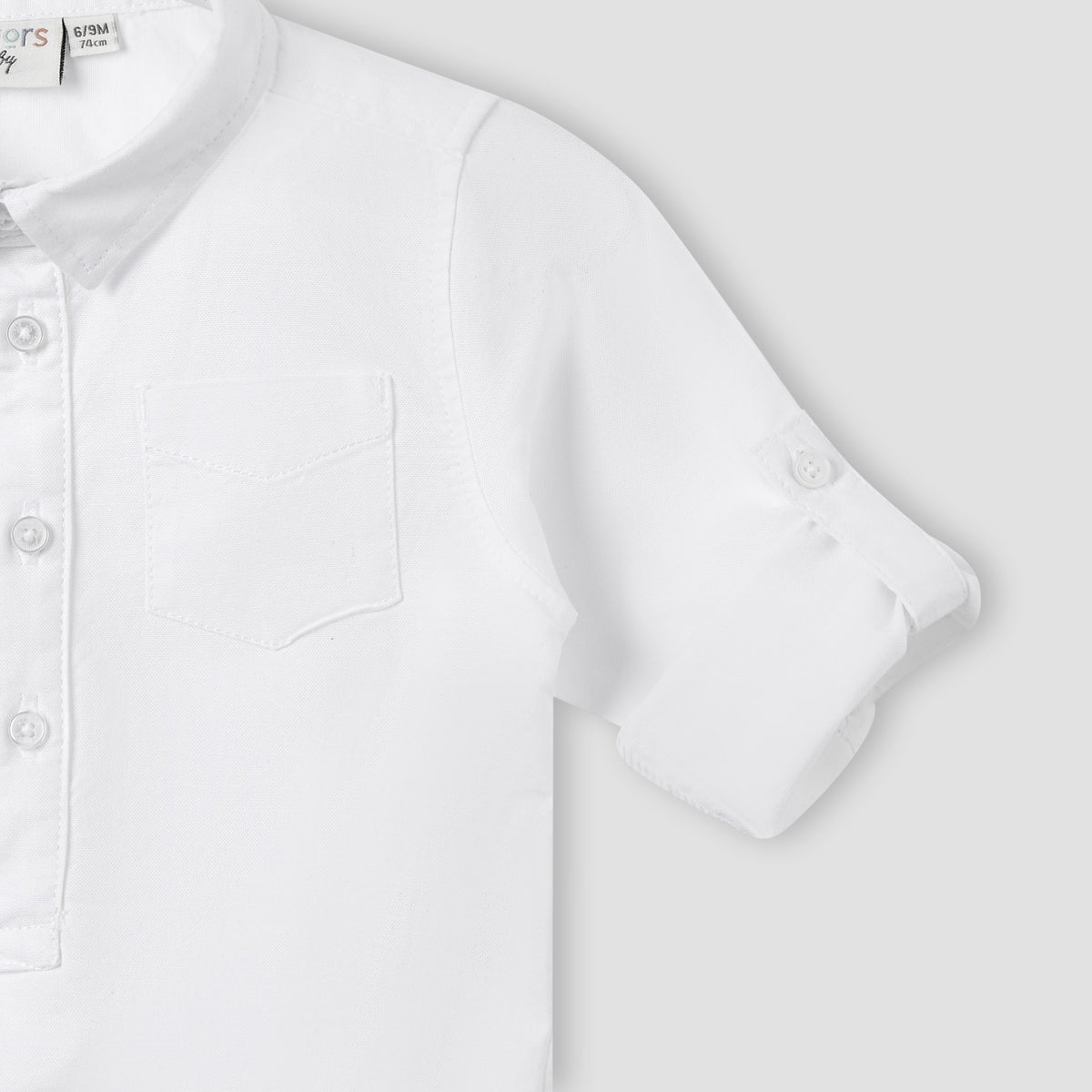 Solid Long Sleeves Shirt Style Bodysuit with Button Closure and Roll-Up Tab