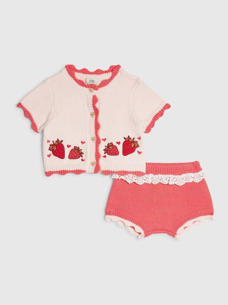 River Island Red Strawberry Cardigan & Bloomer Shorts Set