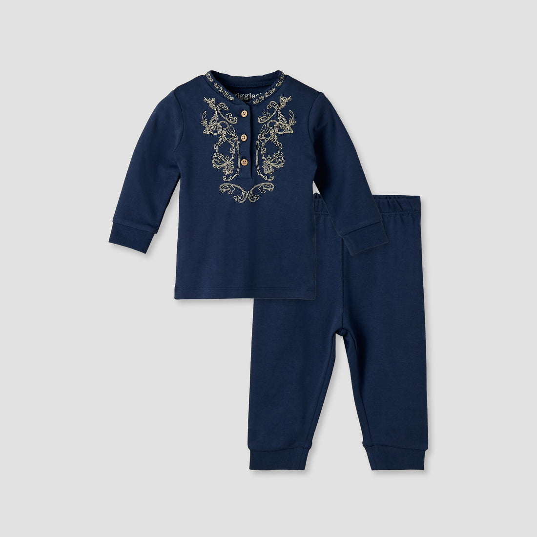 Giggles Cotton Henley Neck Long Sleeve Pyjama Set with Embroidery