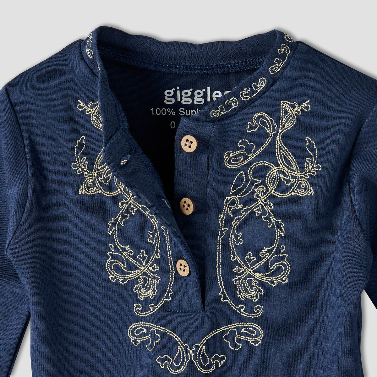 Giggles Cotton Henley Neck Long Sleeve Pyjama Set with Embroidery