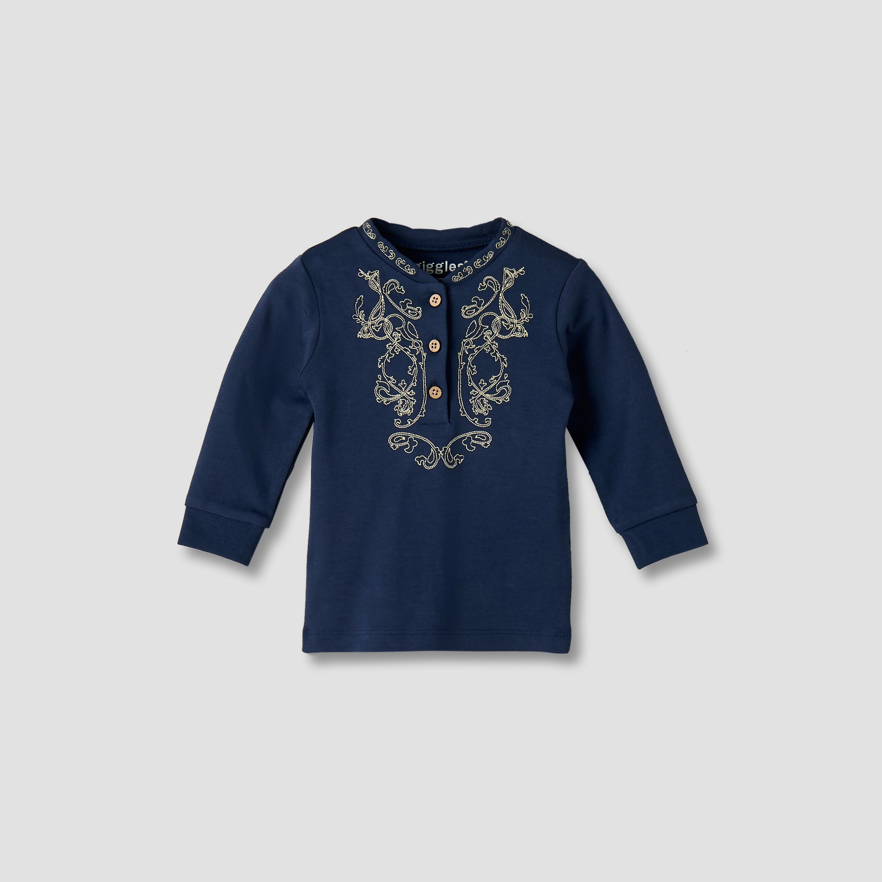 Giggles Cotton Henley Neck Long Sleeve Pyjama Set with Embroidery