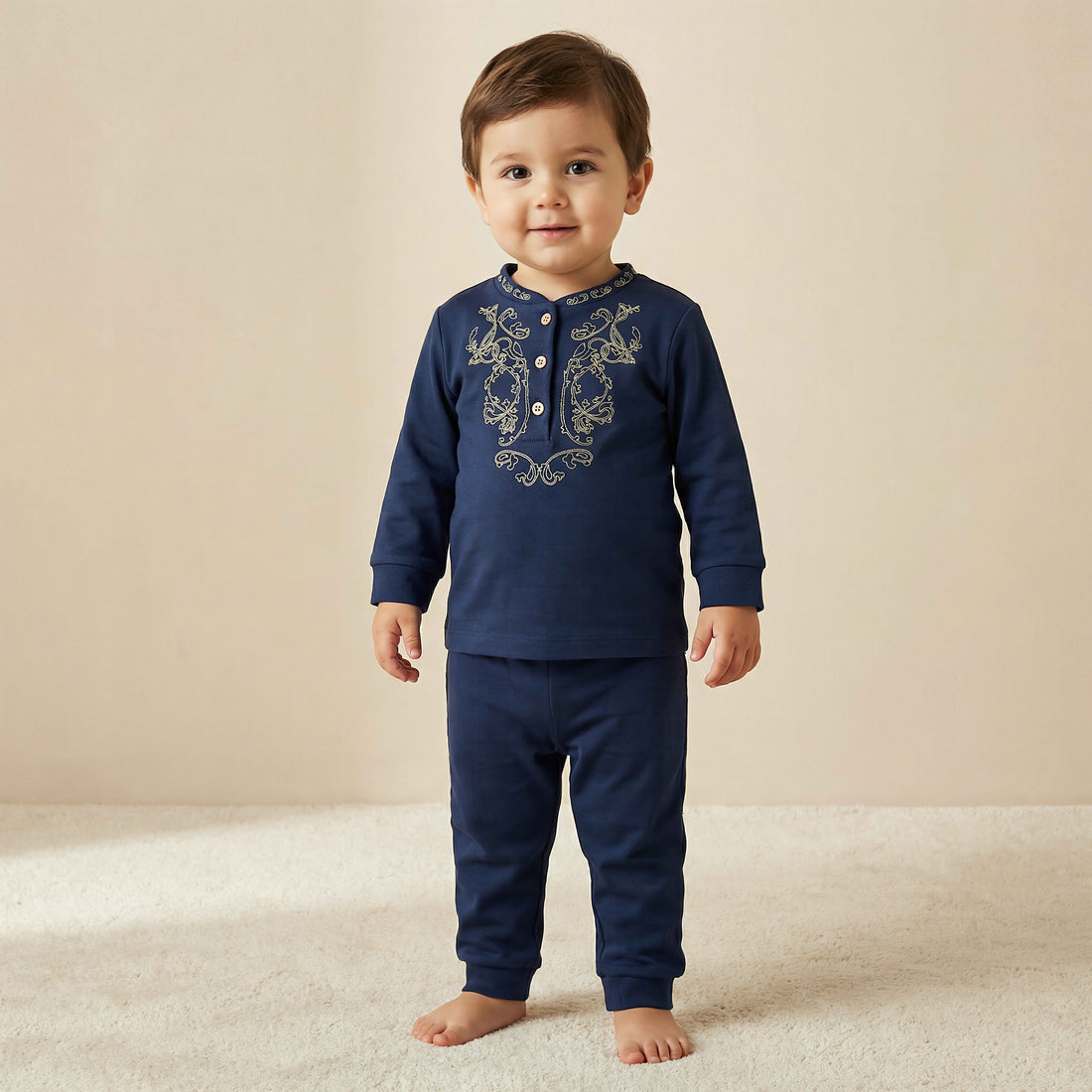 Giggles Cotton Henley Neck Long Sleeve Pyjama Set with Embroidery - Blue / 12-18 mths