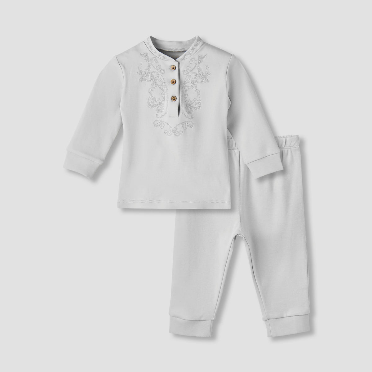 Giggles Cotton Mandarin Collar Long Sleeves Pyjama Set with Embroidery
