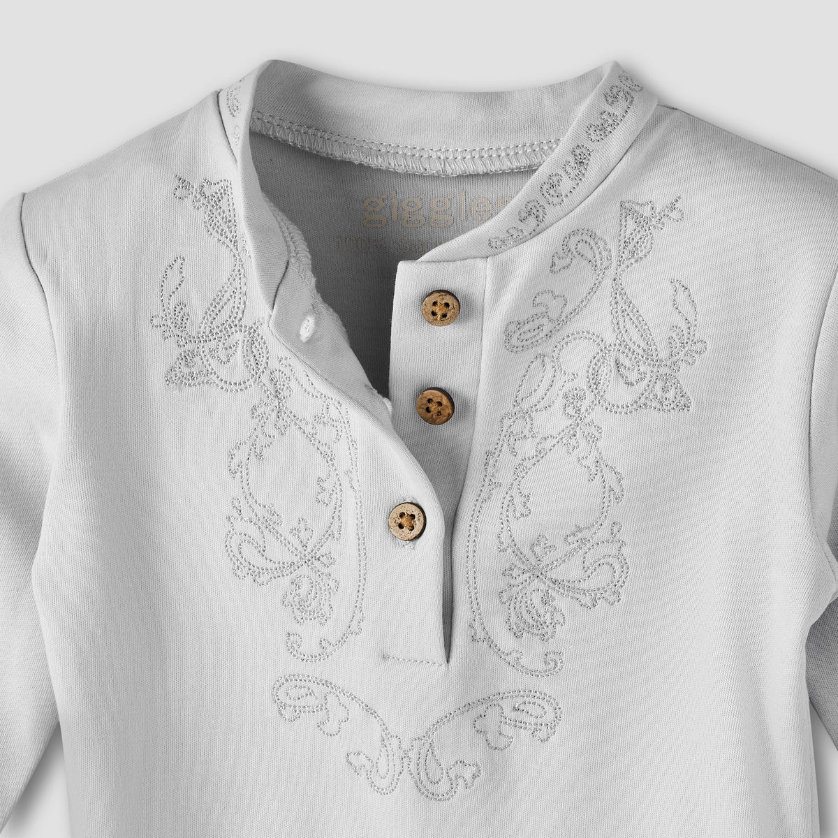Giggles Cotton Mandarin Collar Long Sleeves Pyjama Set with Embroidery