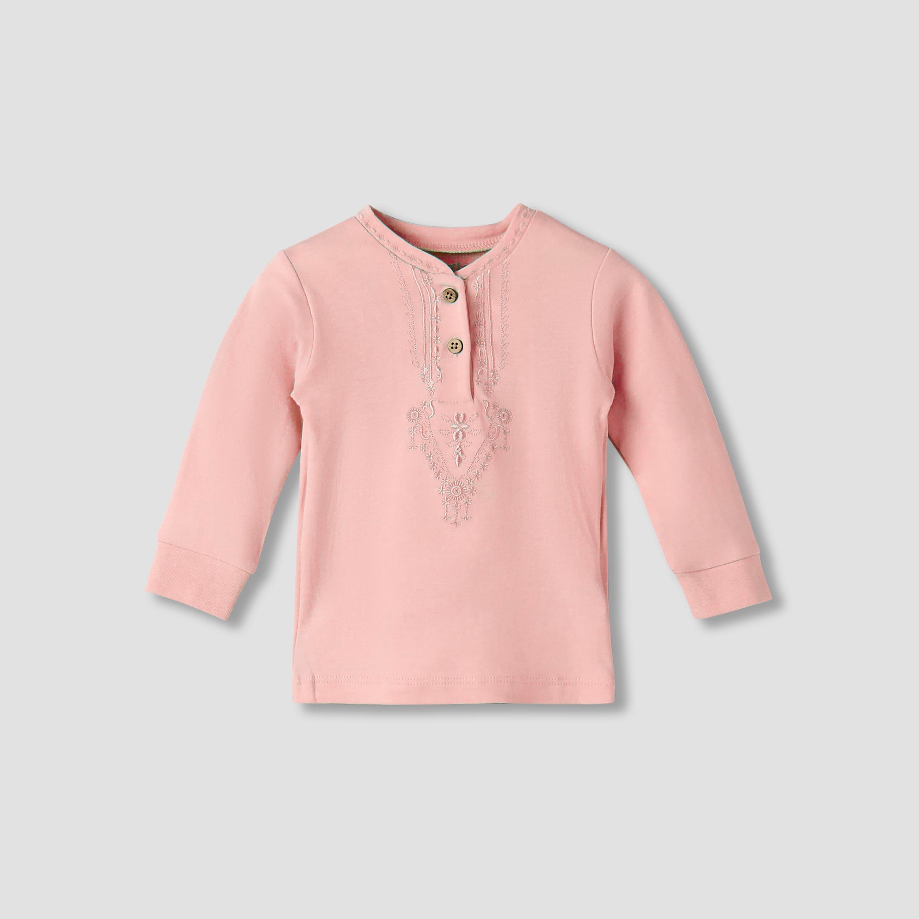 Giggles Cotton Mandarin Collar Long Sleeves Pyjama Set with Embroidery