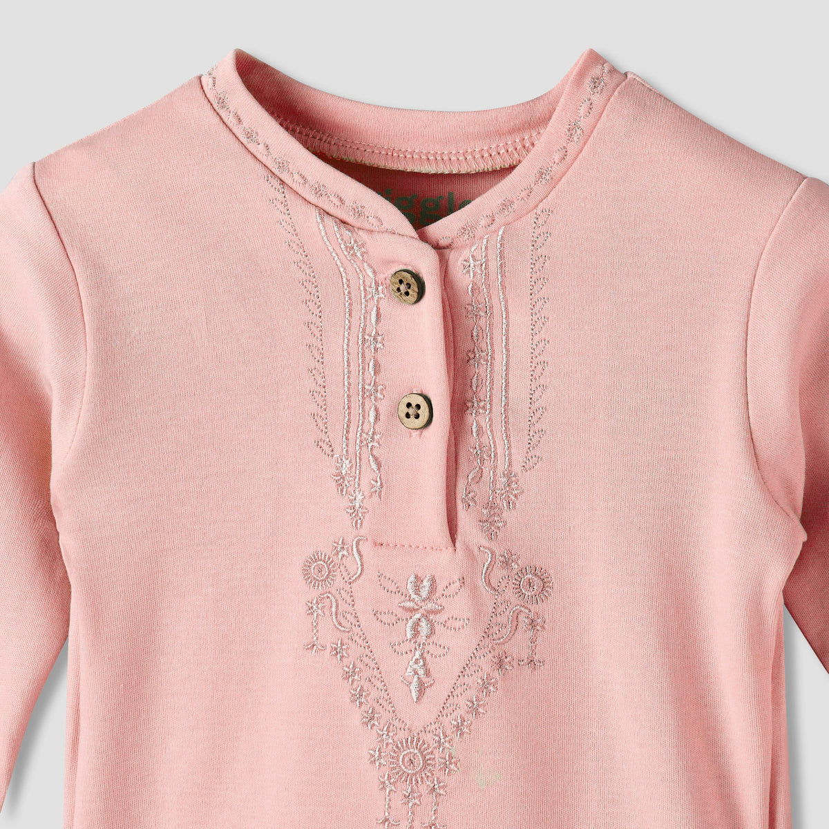 Giggles Cotton Mandarin Collar Long Sleeves Pyjama Set with Embroidery