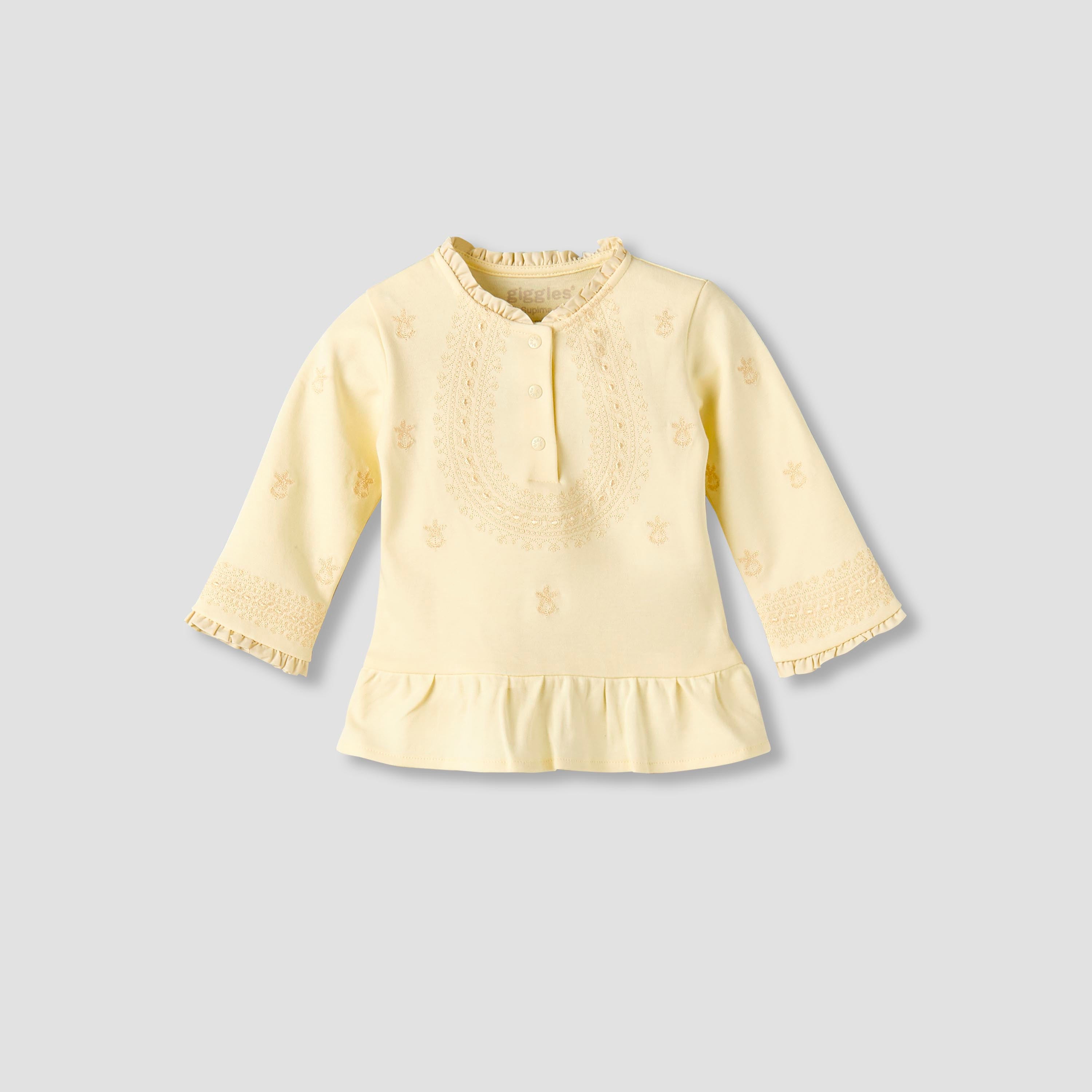 Giggles Cotton Pie Crust Neck Long Sleeves Pyjama Set with Embroidery