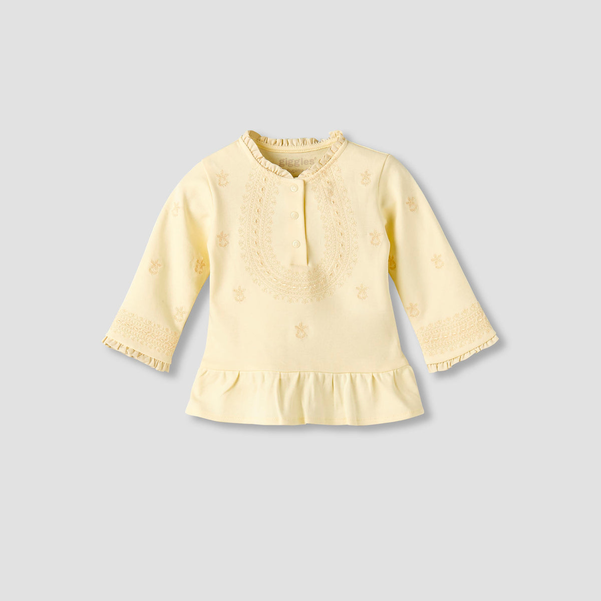 Giggles Cotton Pie Crust Neck Long Sleeves Pyjama Set with Embroidery