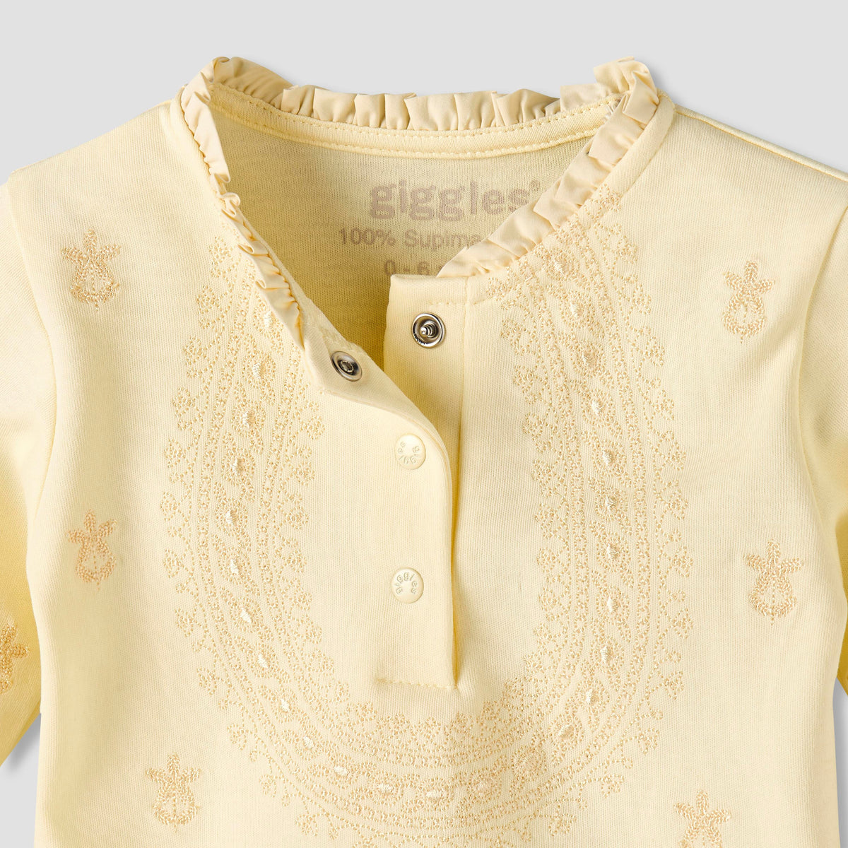 Giggles Cotton Pie Crust Neck Long Sleeves Pyjama Set with Embroidery