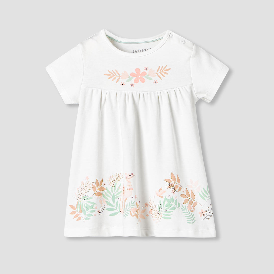 Juniors Round Neck Short Sleeve Dress with Snap Button Closure