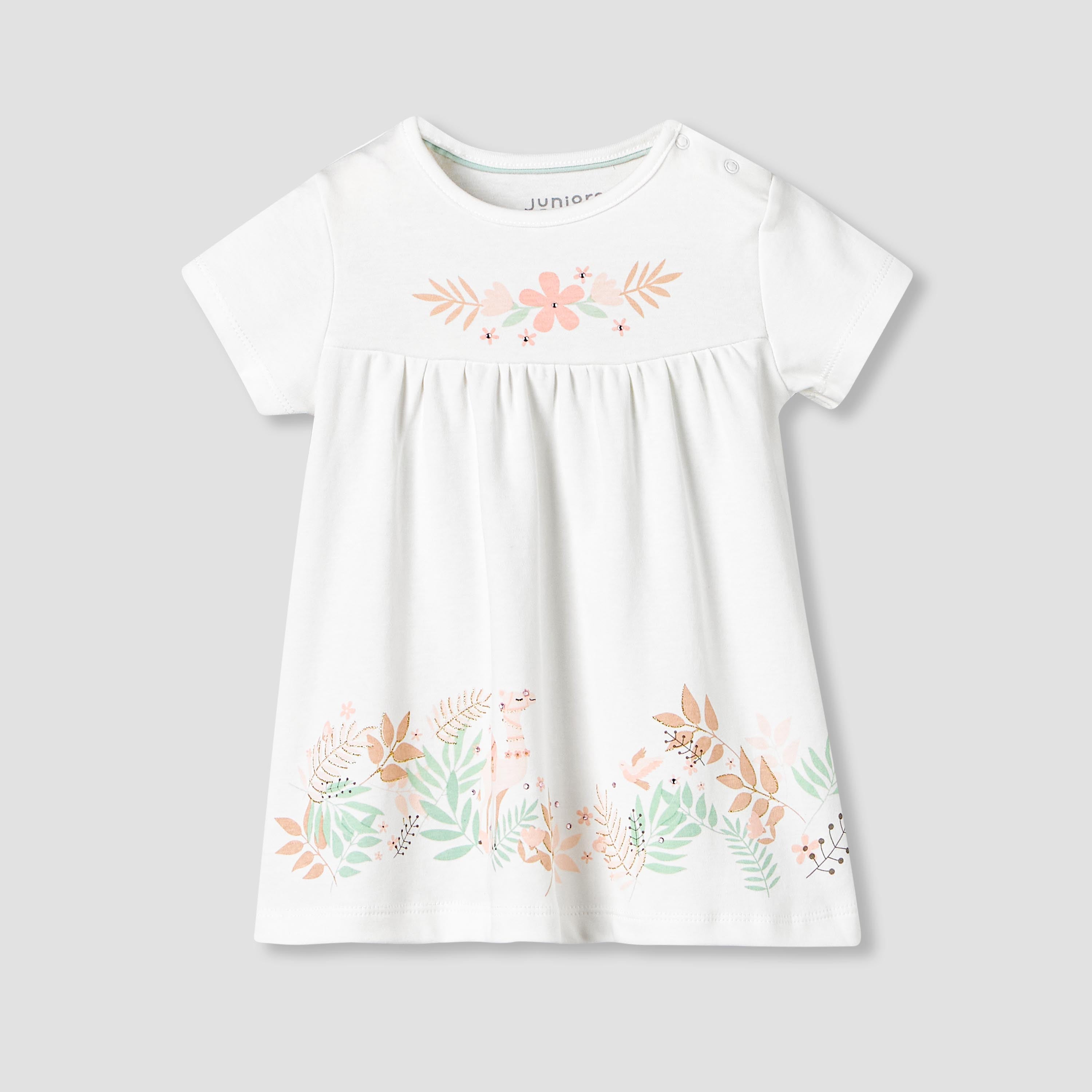 Juniors Round Neck Short Sleeve Dress with Snap Button Closure - White / 12-18 mths