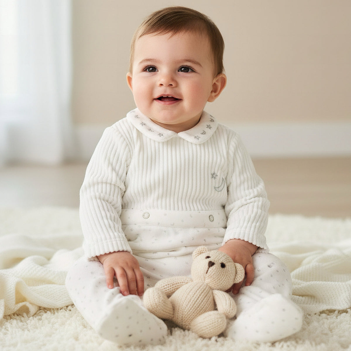 Giggles Peter Pan Collar Long Sleeves Sleepsuit with Star and Moon Embroidery