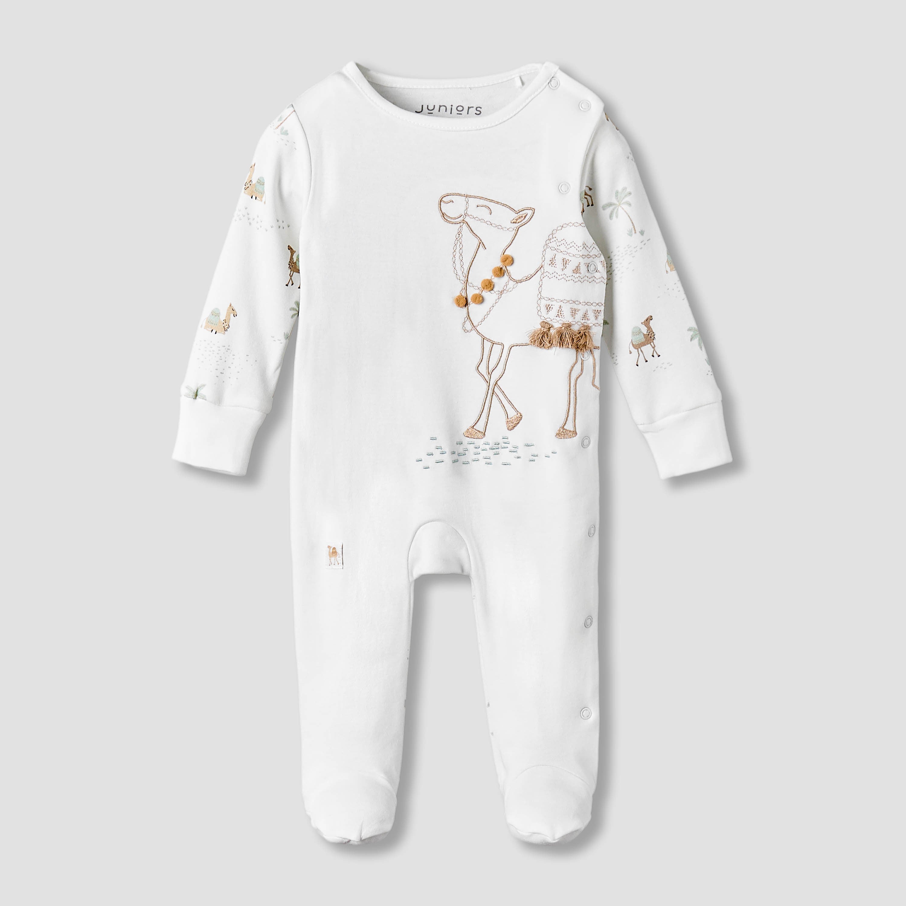 Juniors Cotton Round Neck Long Sleeves Sleepsuit with Camel Print