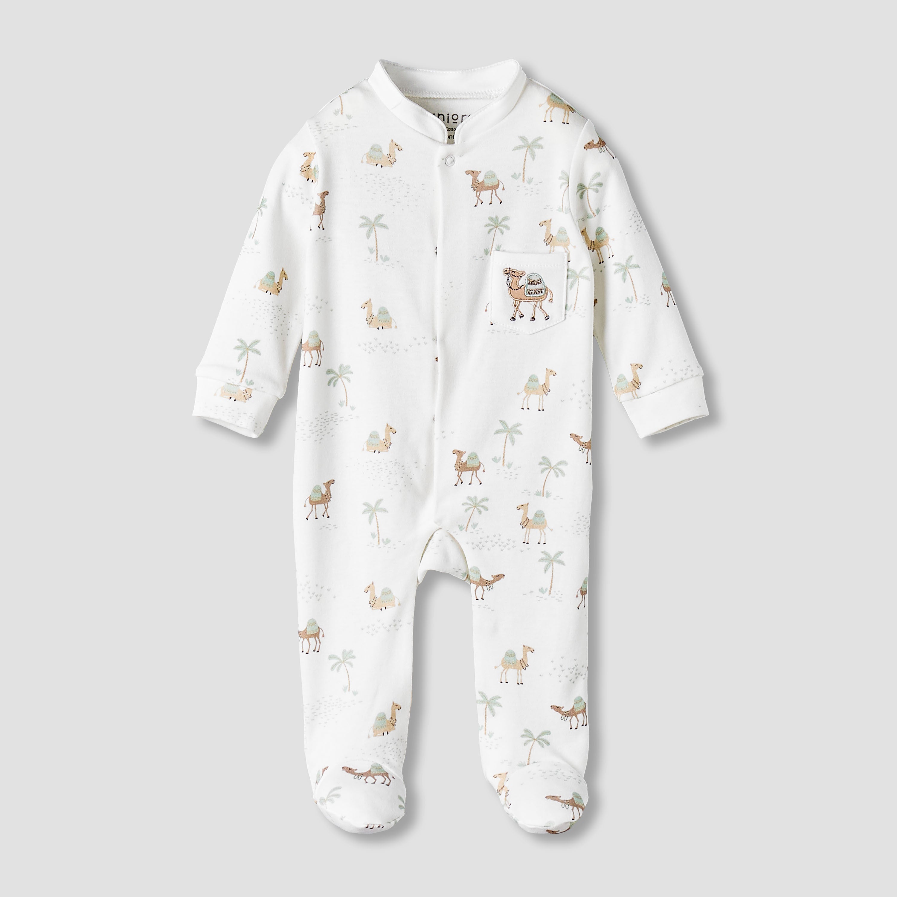 Juniors Cotton Mandarin Collar Long Sleeves Sleepsuit with Camel Print - White / 9-12 mths