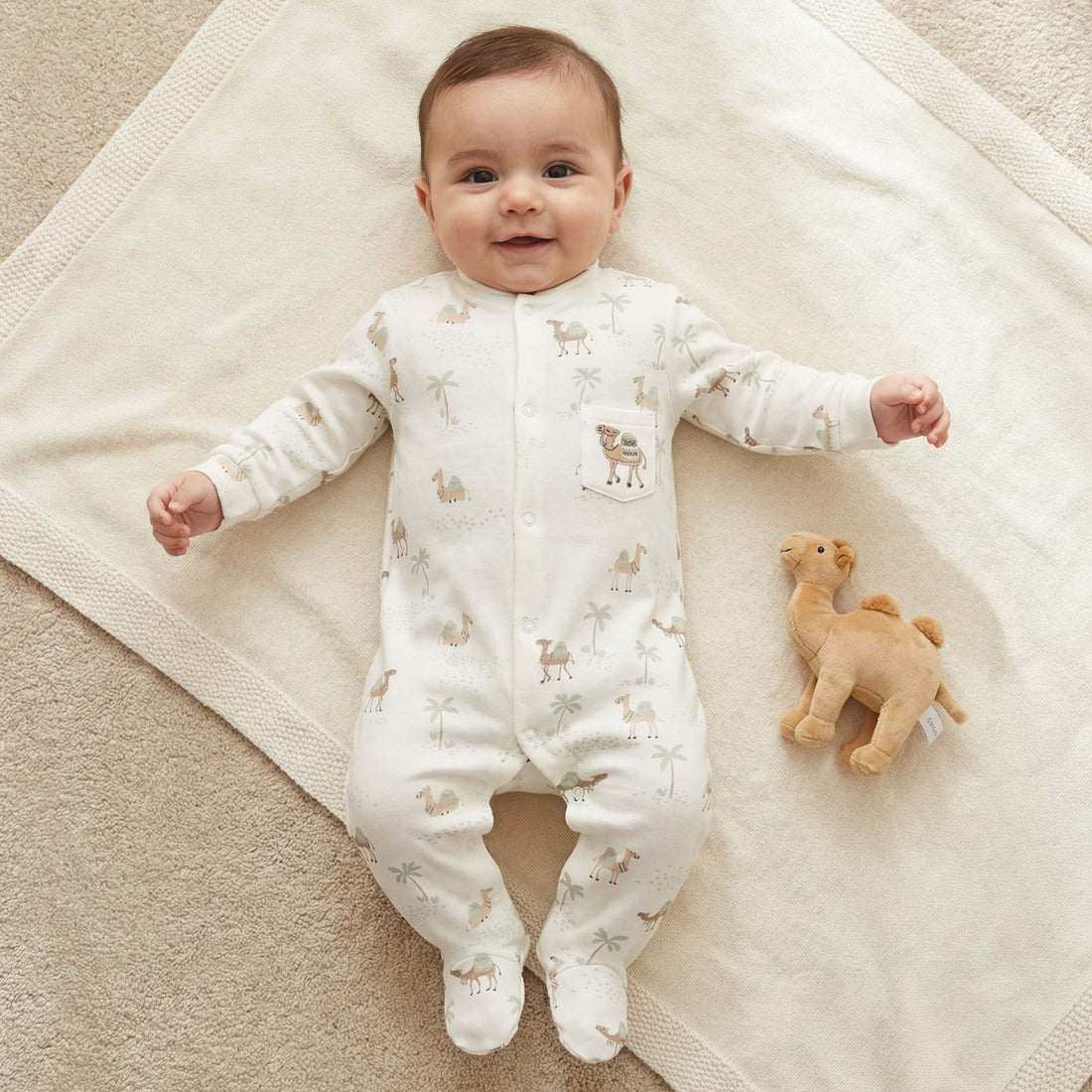 Juniors Cotton Mandarin Collar Long Sleeves Sleepsuit with Camel Print - White / 9-12 mths