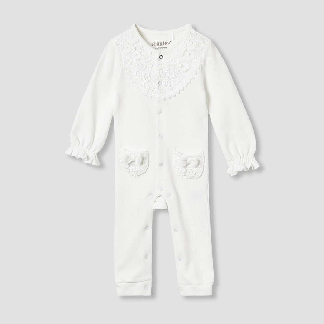 Giggles Lace Panel Sleepsuit with Long Sleeves - White / 12-18 mths