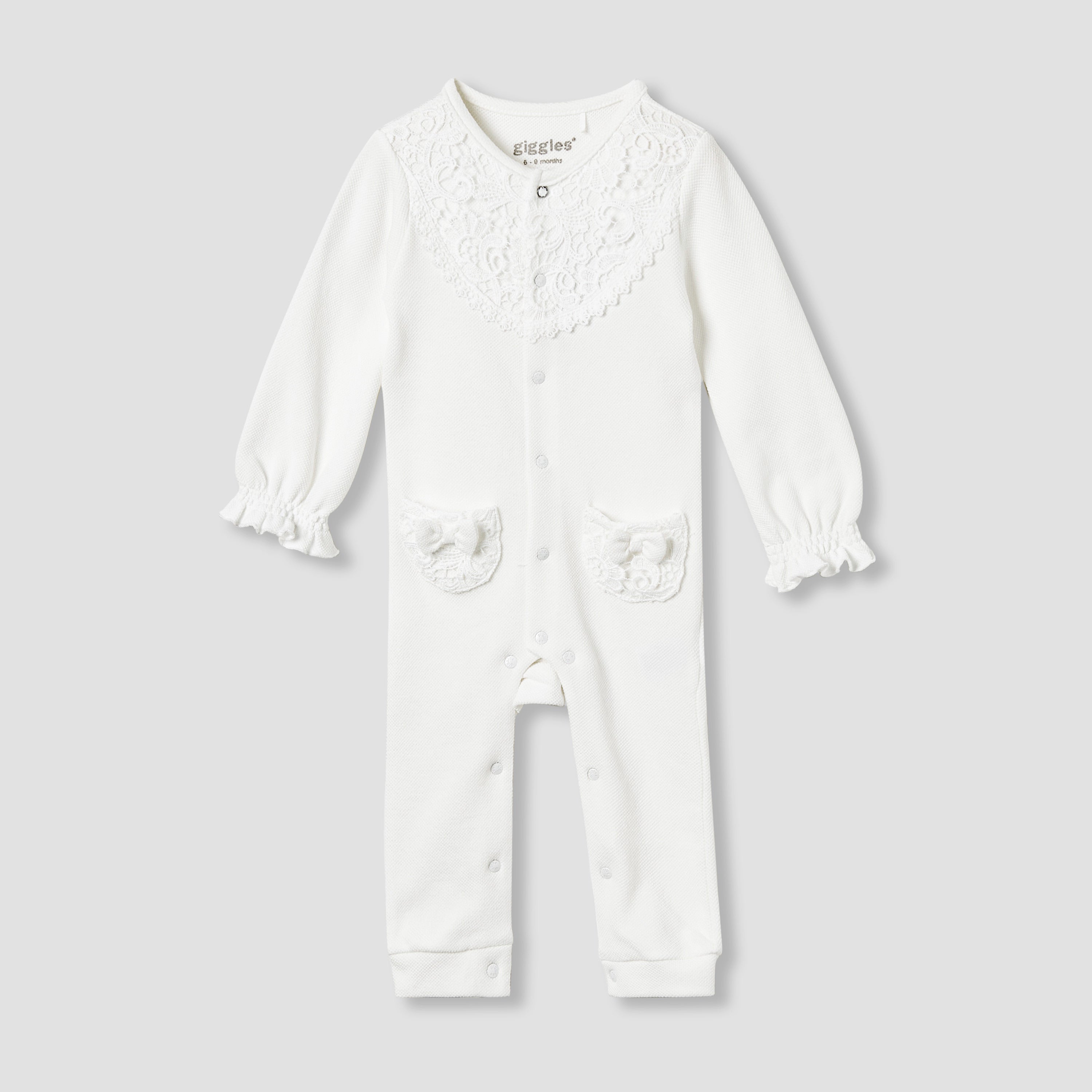 Giggles Lace Panel Sleepsuit with Long Sleeves - White / 12-18 mths