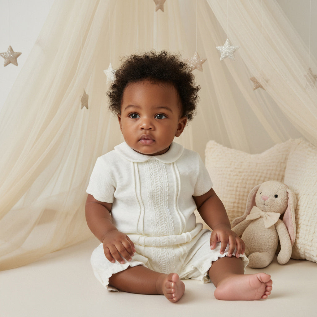 Giggles Lace Trim Collared Romper with Short Sleeves