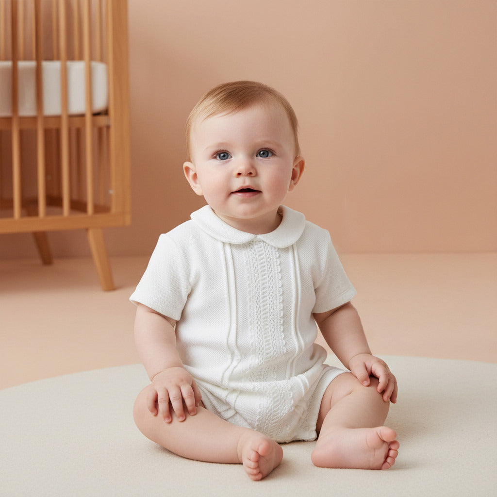 Giggles Lace Trim Collared Romper with Short Sleeves