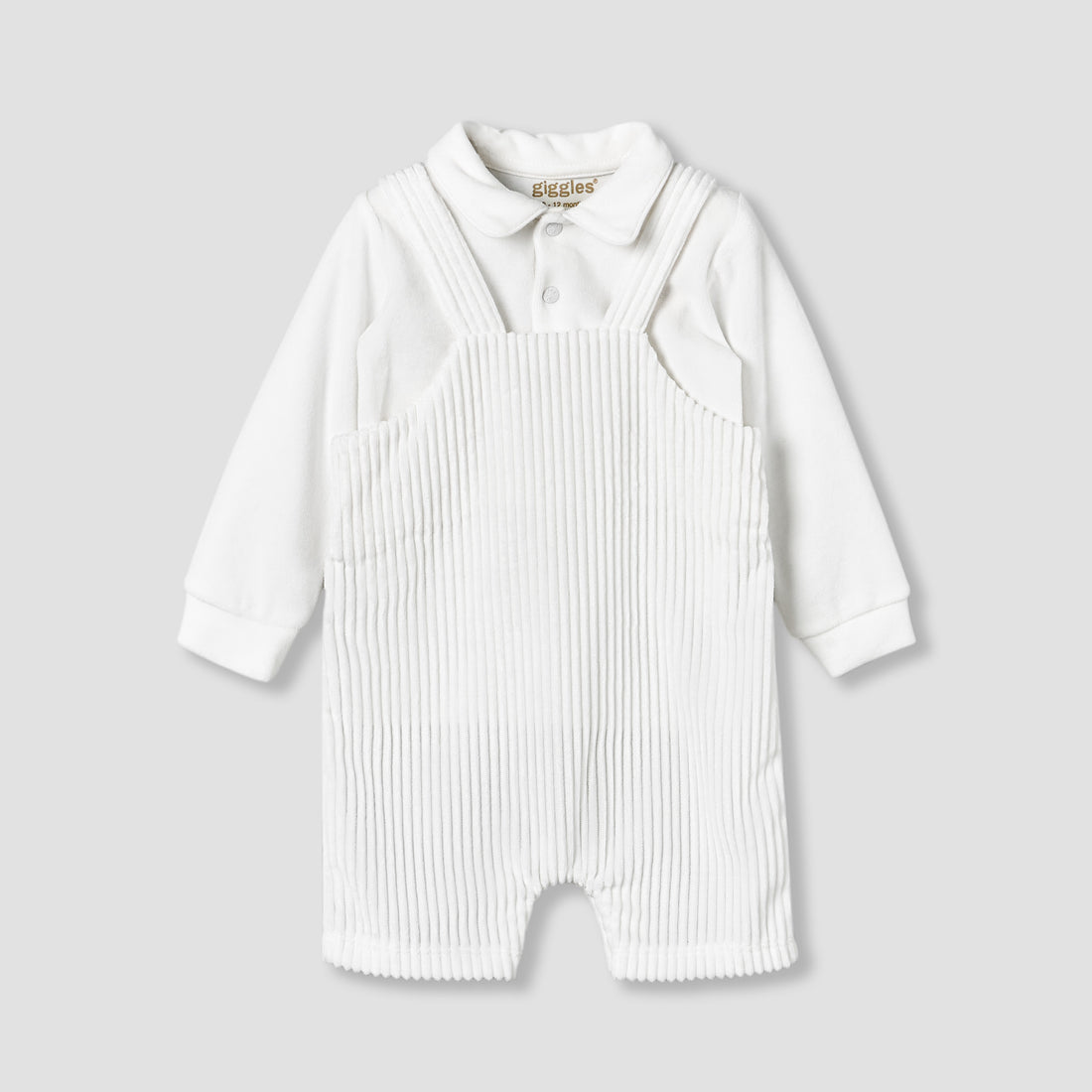 Giggles Collared Long Sleeves T-shirt and Dungaree Set with Applique Design - White / 9-12 mths