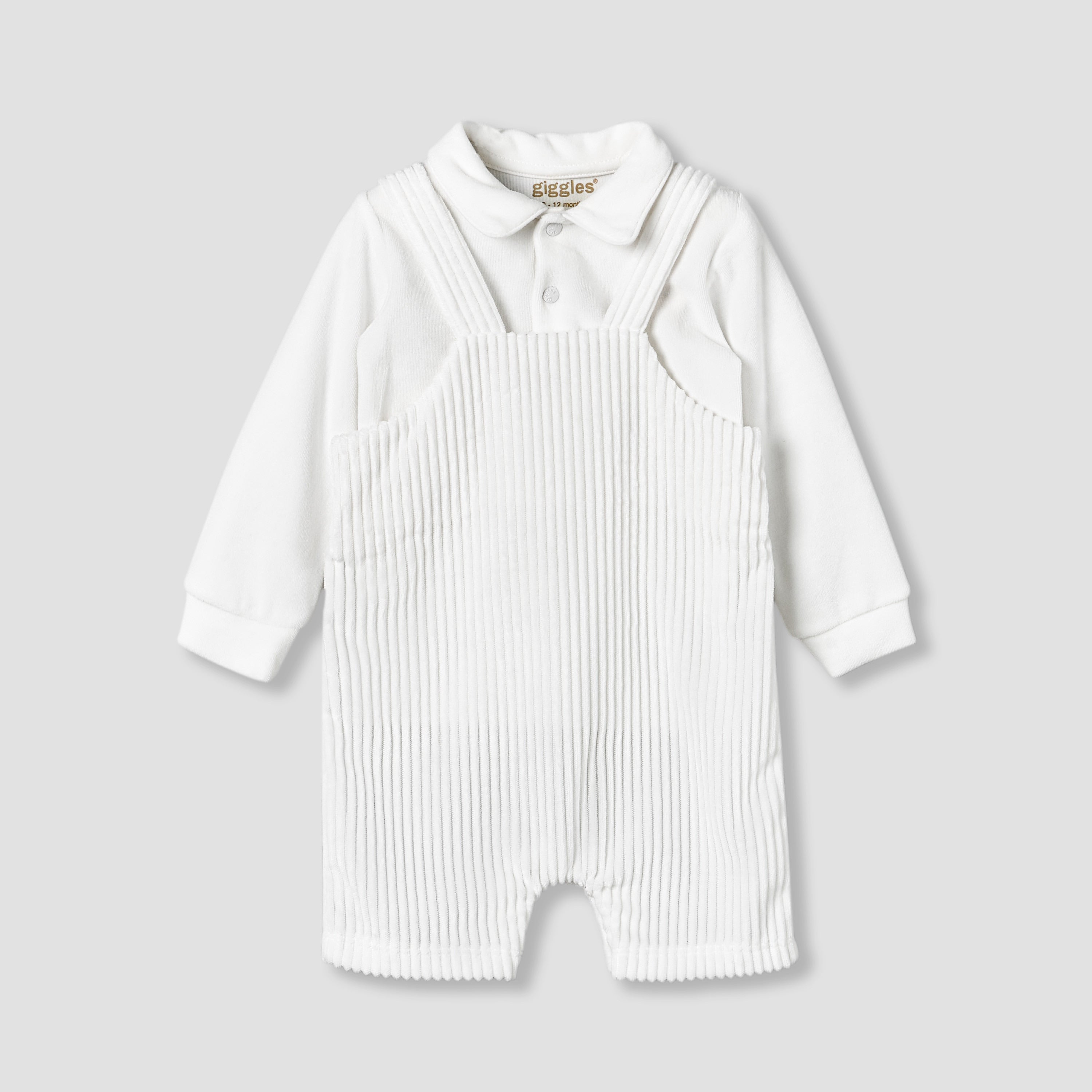 Giggles Collared Long Sleeves T-shirt and Dungaree Set with Applique Design - White / 9-12 mths
