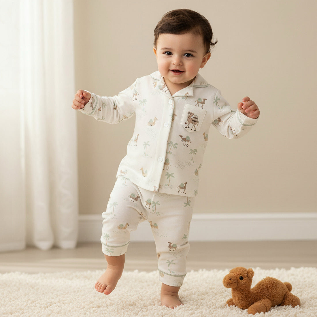Juniors Cotton Collared Neck Long Sleeve Pyjama Set with Camel Print - White / 12-18 mths