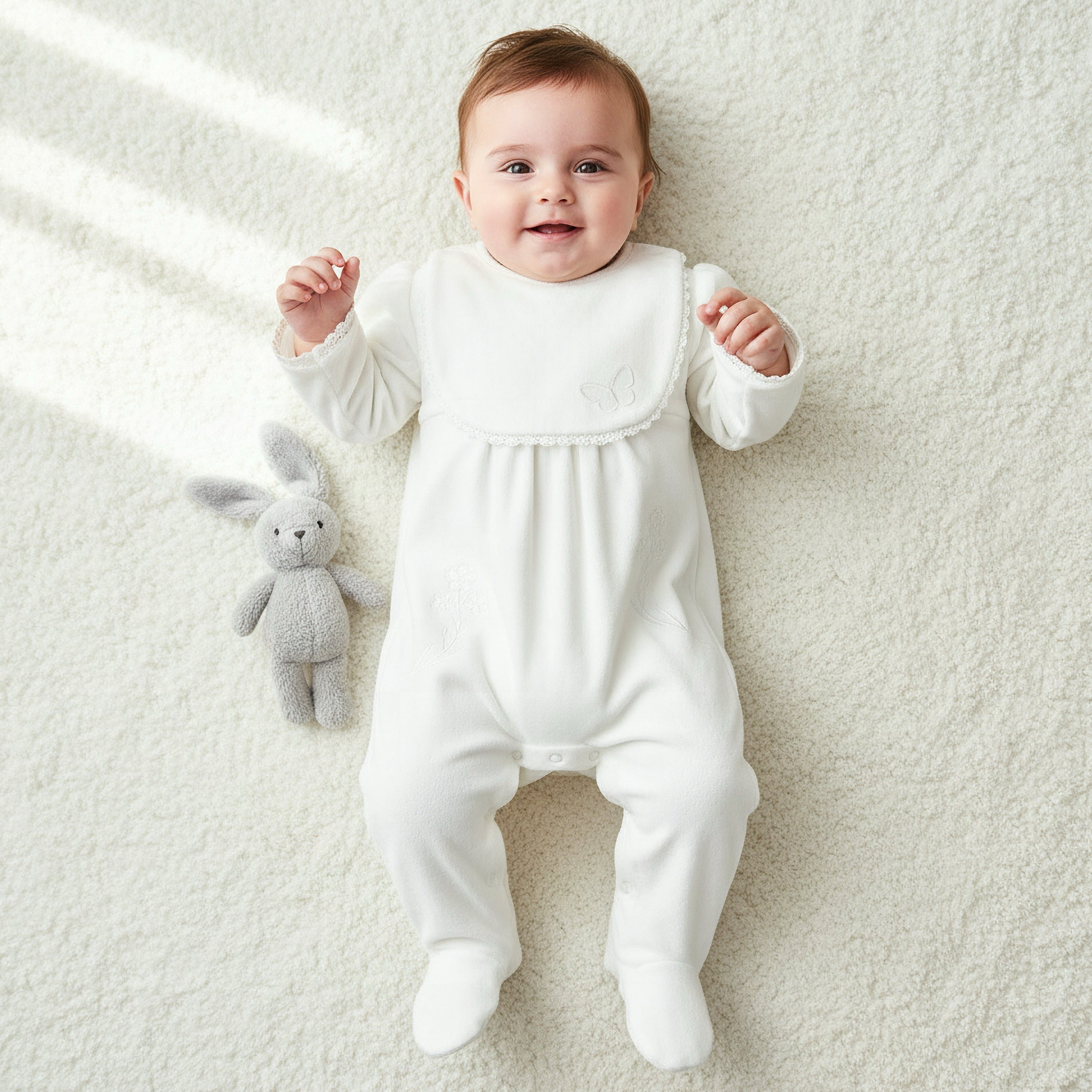 Giggles Round Neck Long Sleeves Sleepsuit with Butterfly Applique - White / 9-12 mths