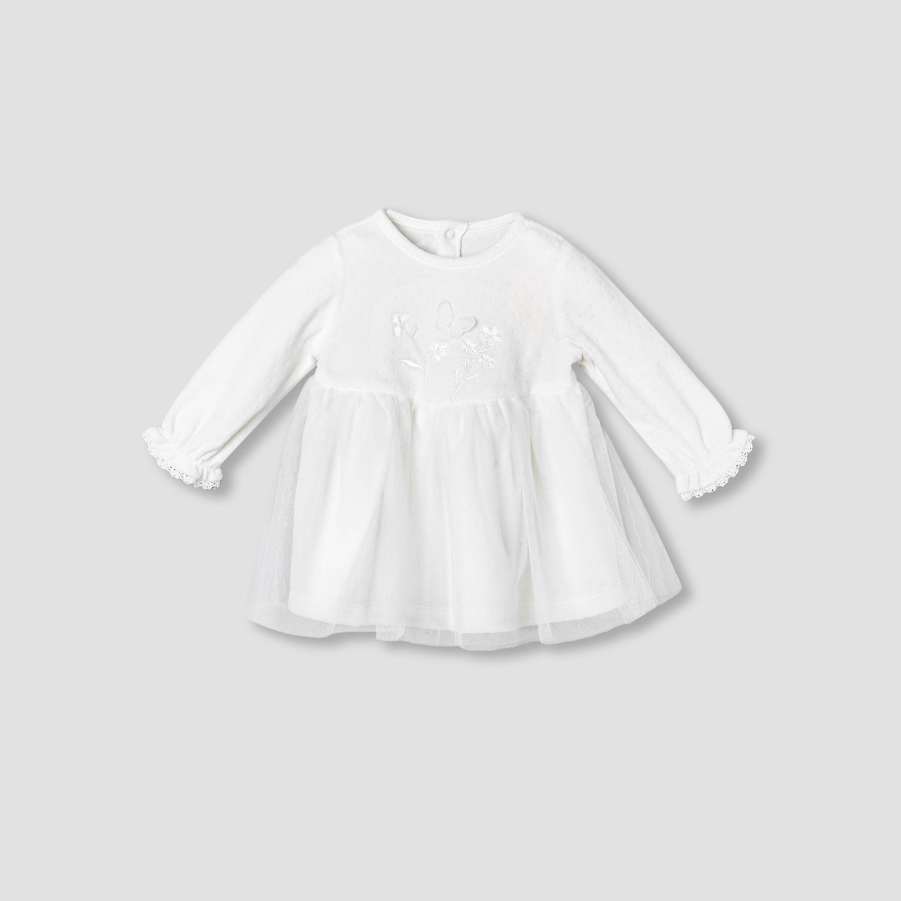 Giggles Round Neck Long Sleeves A-line Dress with Butterfly Applique