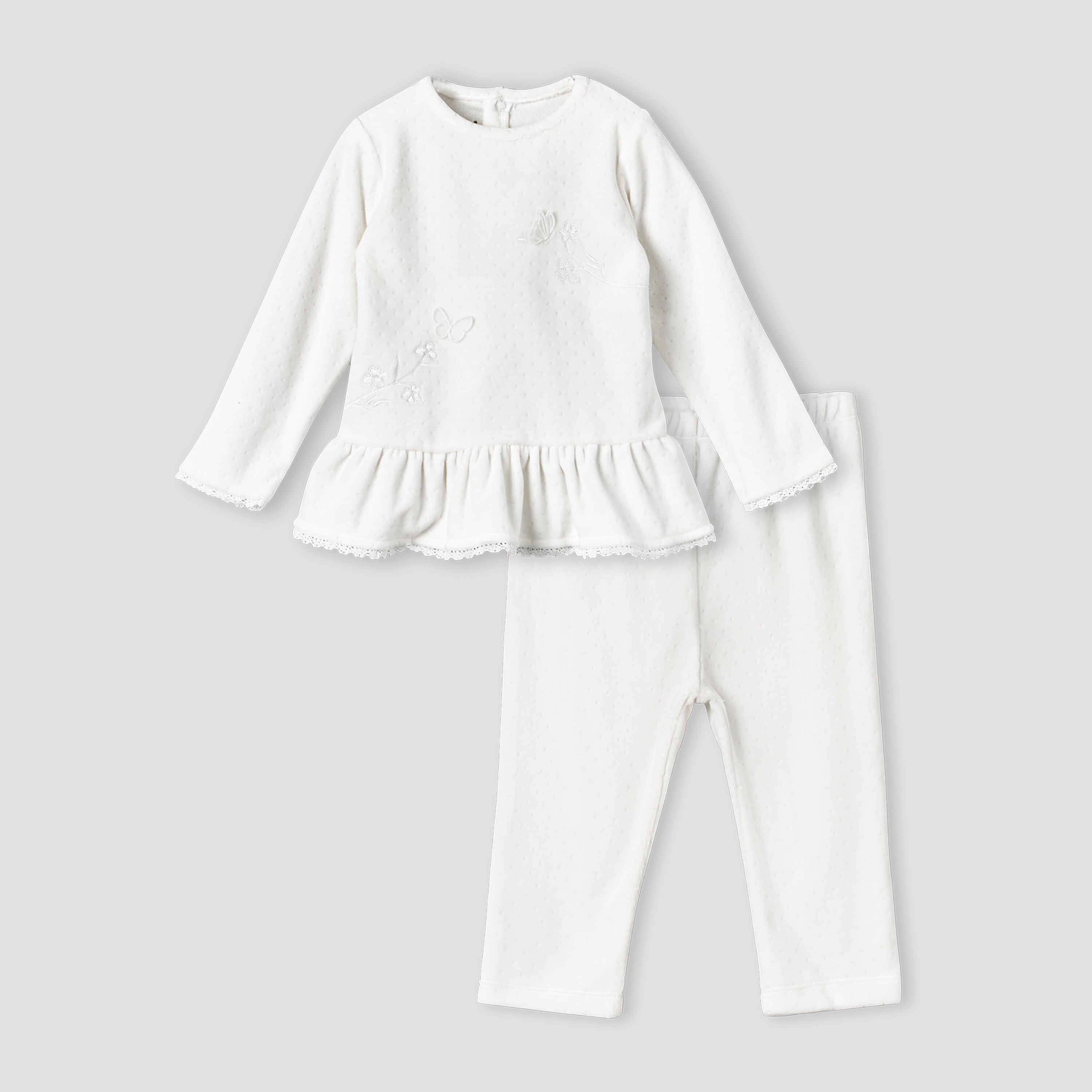 Giggles Round Neck Long Sleeve Pyjama Set with Embroidery - White / 9-12 mths