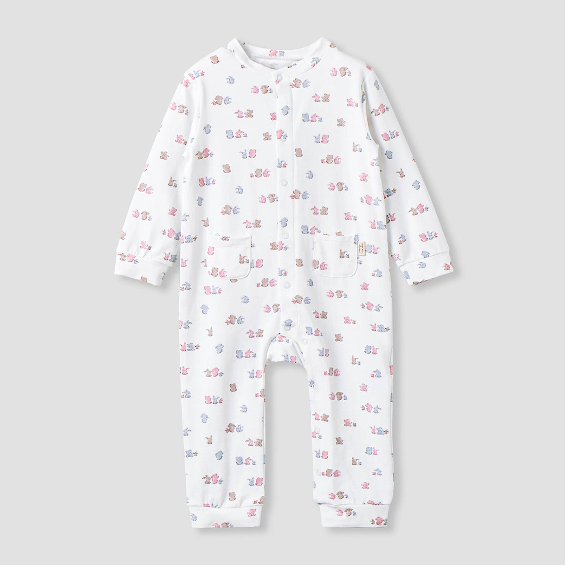 Juniors Cotton Mandarin Collar Long Sleeves Sleepsuit with Snap Button Closure - White / 12-18 mths