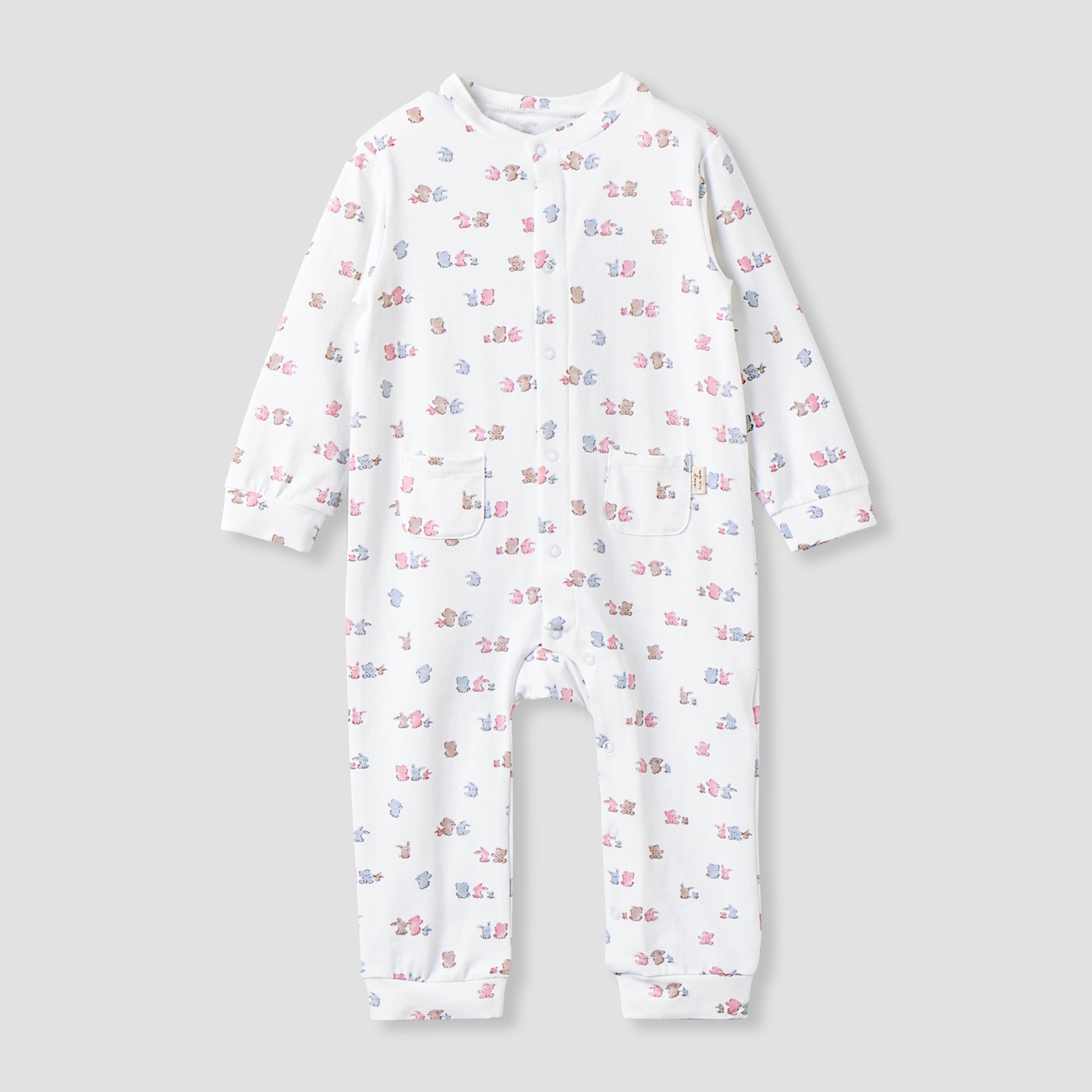 Juniors Cotton Mandarin Collar Long Sleeves Sleepsuit with Snap Button Closure - White / 12-18 mths