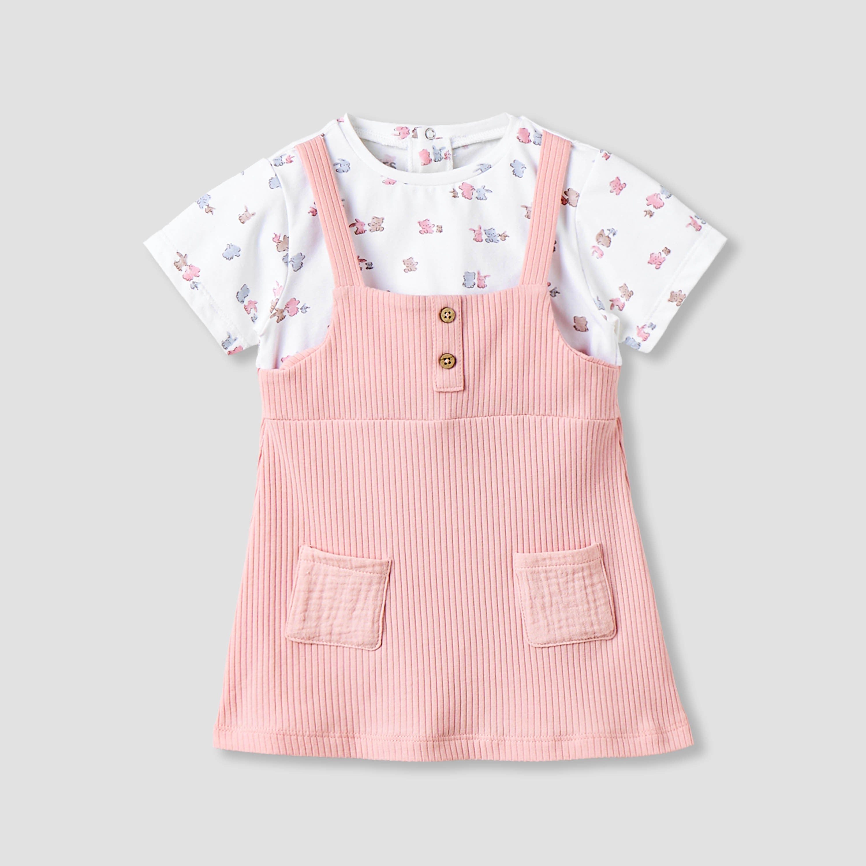 Juniors Round Neck Short Sleeves Knee Length Dress with Bear Print