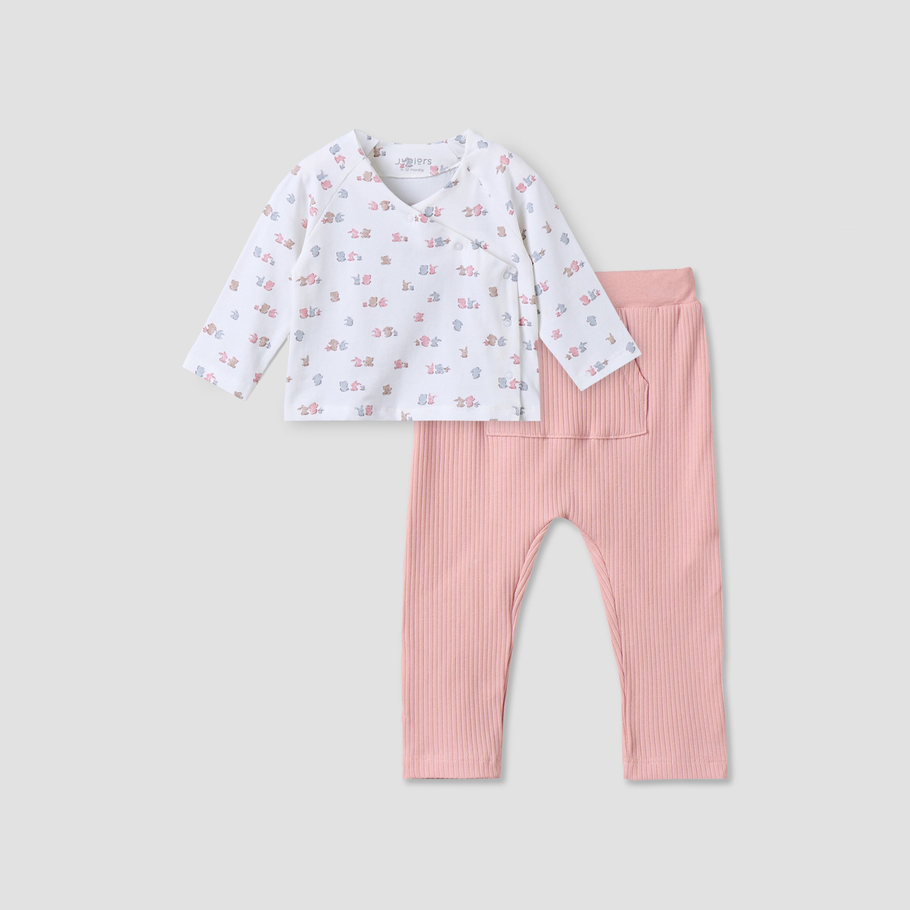 Juniors Cotton V-neck Long Sleeves Pyjama Set with Bear Print - Multicolour / 12-18 mths