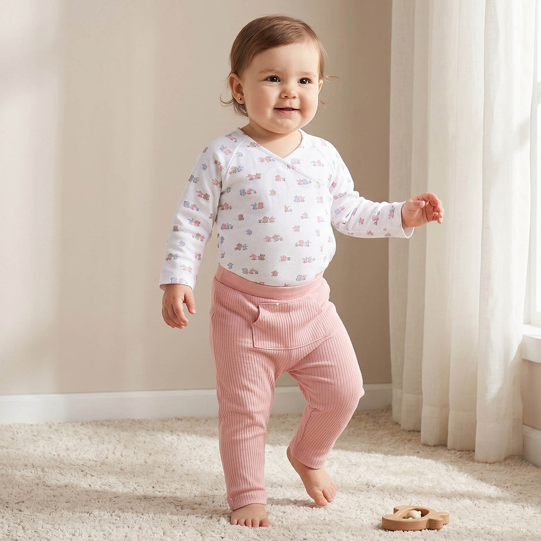 Juniors Cotton V-neck Long Sleeves Pyjama Set with Bear Print - Multicolour / 12-18 mths
