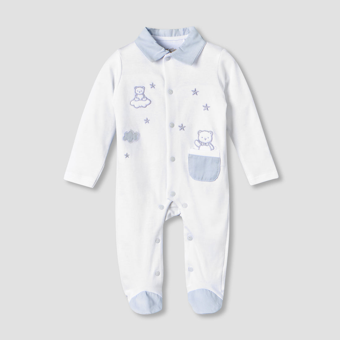 Giggles Cotton Collared Long Sleeves Sleepsuit with Embroidery - Blue / 9-12 mths