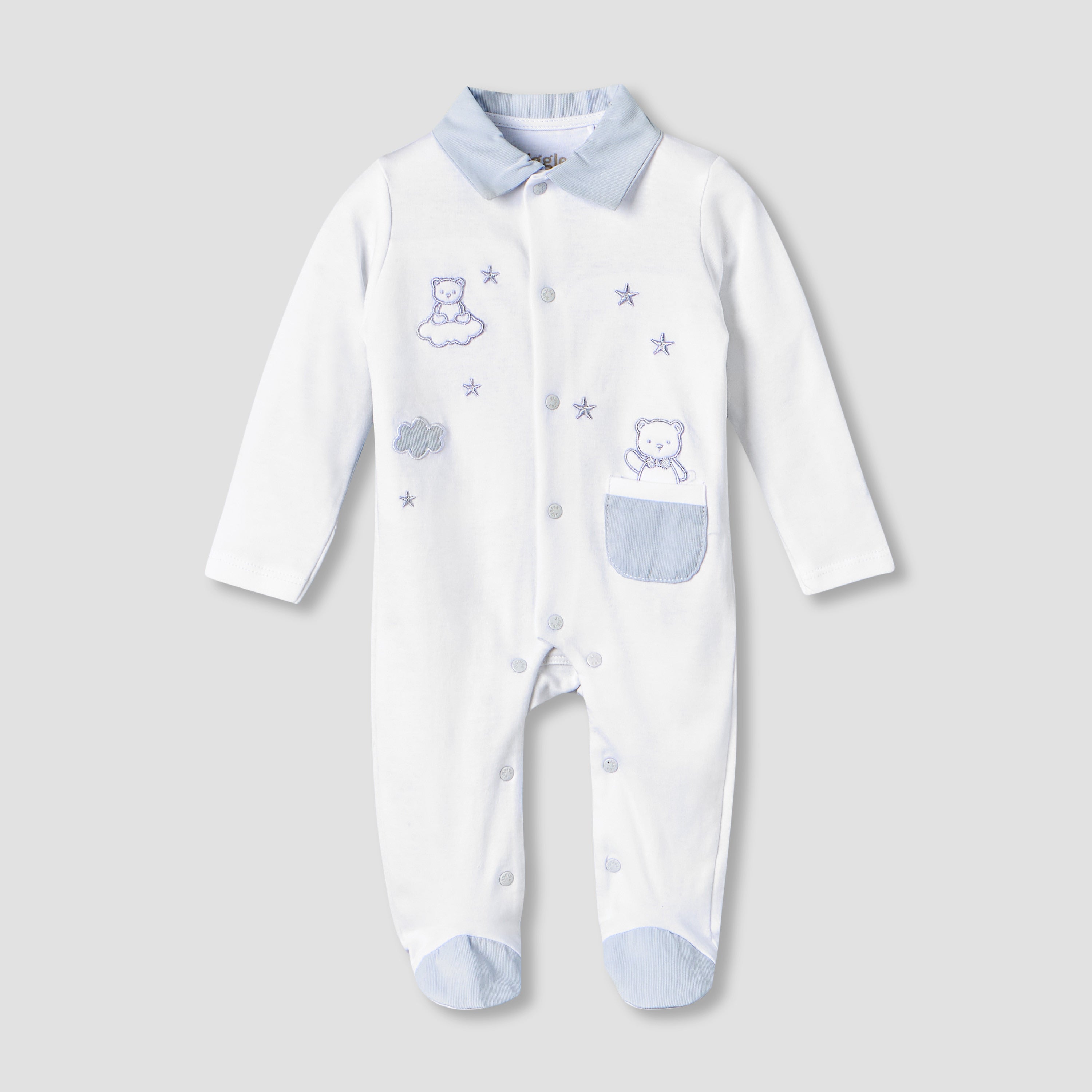 Giggles Cotton Collared Long Sleeves Sleepsuit with Embroidery - Blue / 9-12 mths