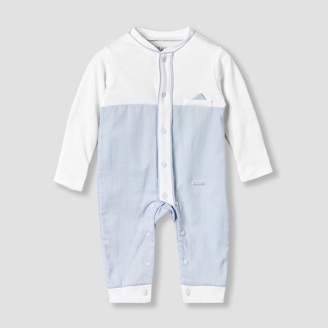 Giggles Cotton Round Neck Long Sleeves Sleepsuit with Pocket Square Detail - Blue / 12-18 mths