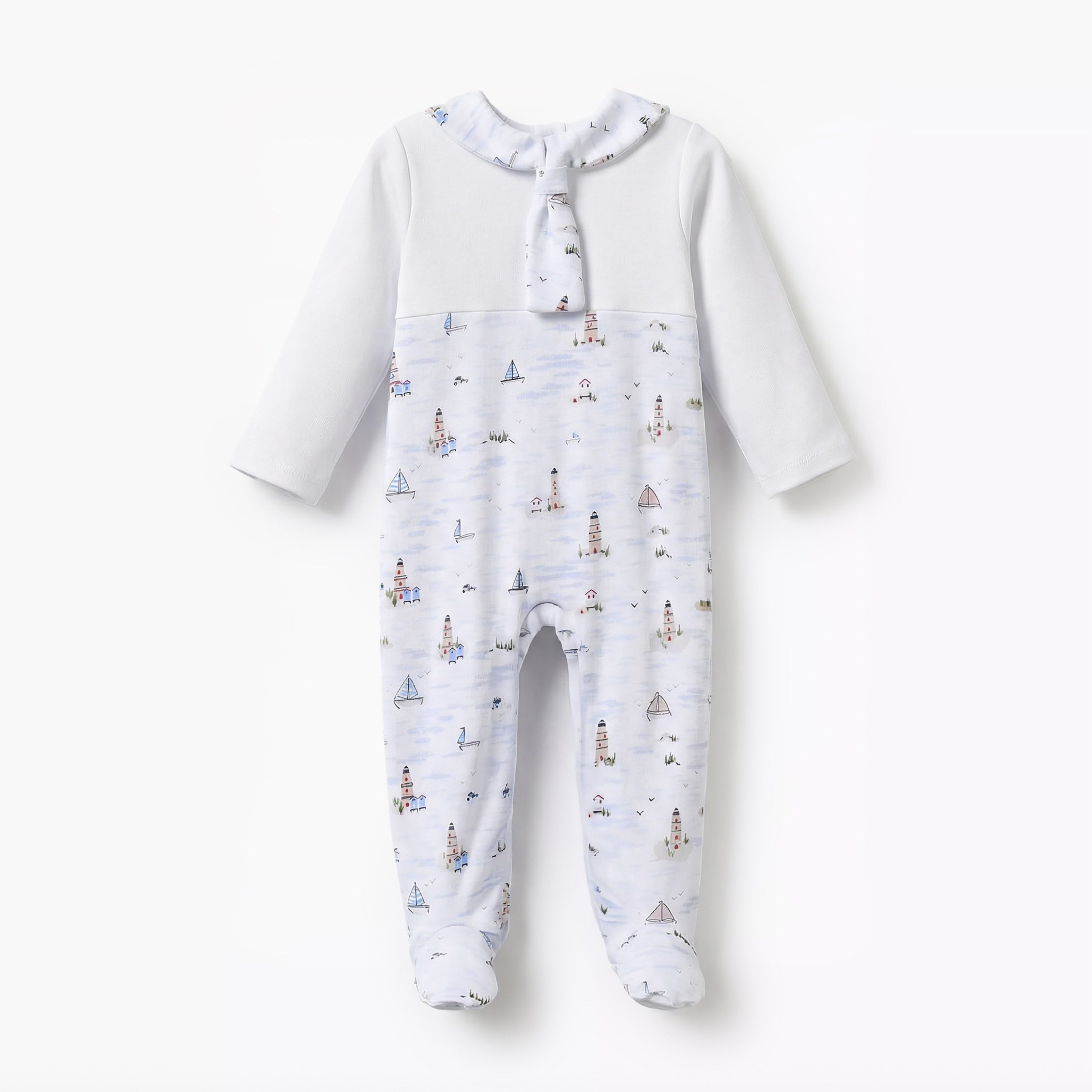 Juniors Cotton Sailor Collar Long Sleeves Sleepsuit with Nautical Print - Blue / 9-12 mths