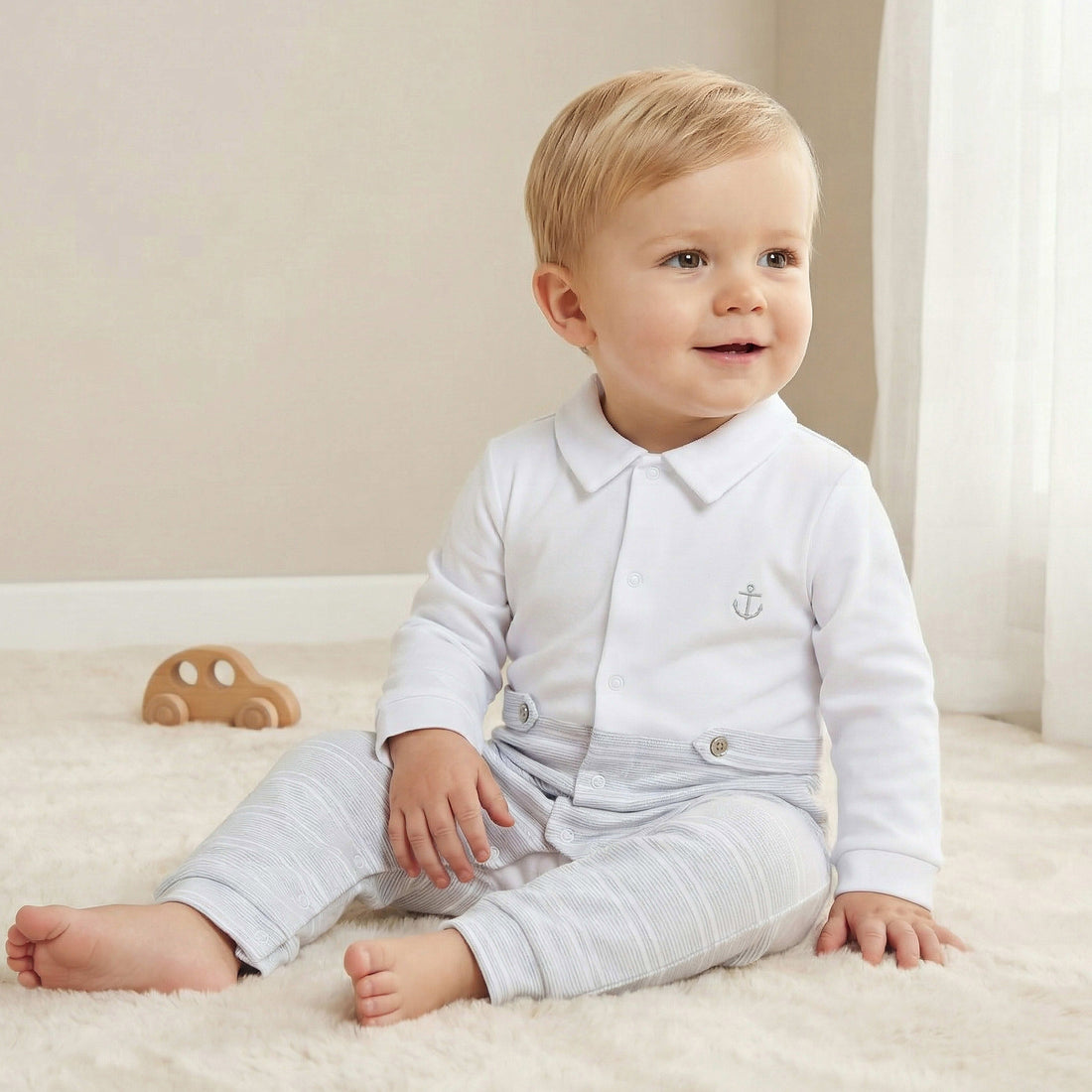 Juniors Cotton Collared Long Sleeves Sleepsuit with Stripes - Blue / 12-18 mths