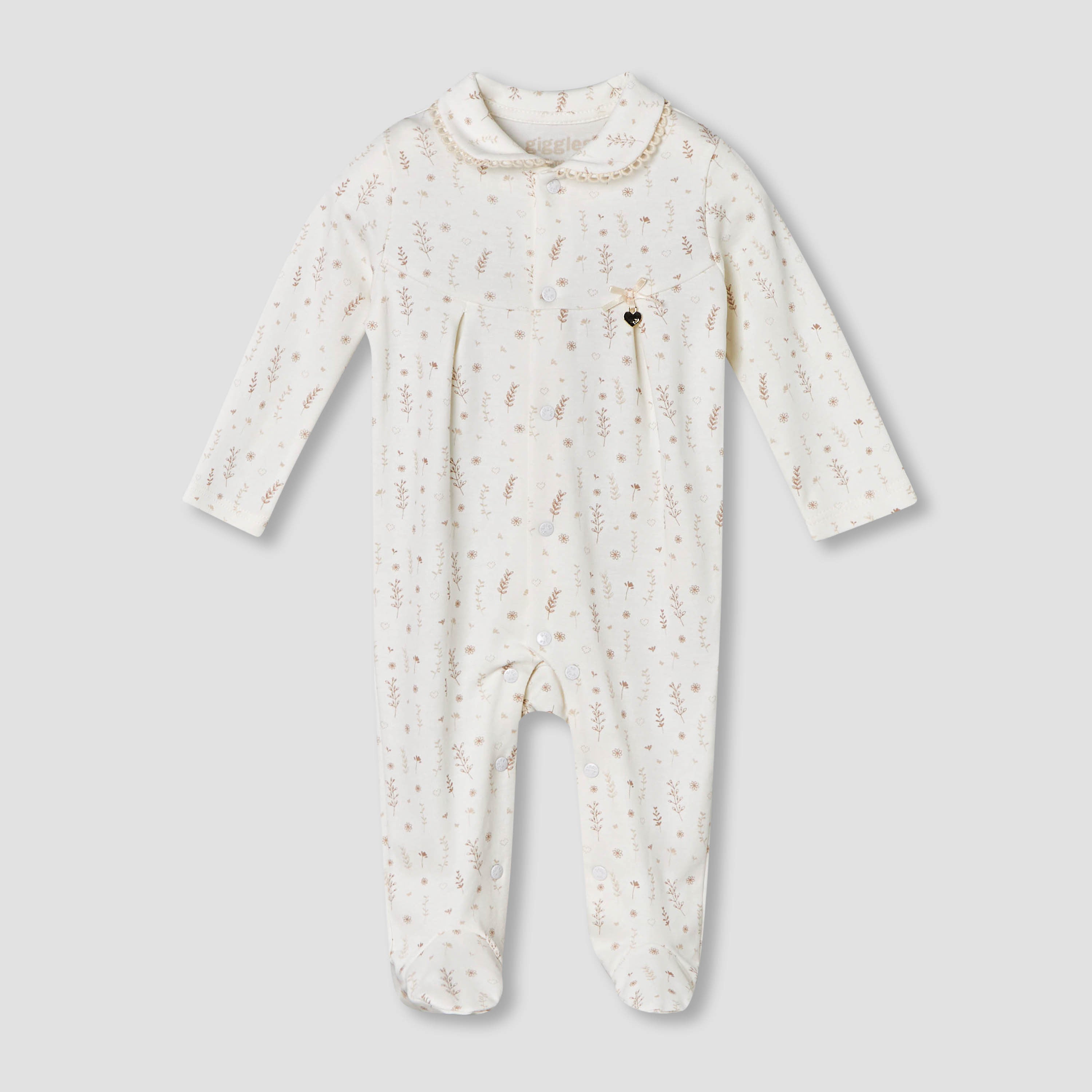 Giggles Supima Cotton Peter Pan Collar Long Sleeves Sleepsuit with Floral Print